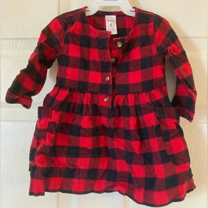 Baby Girl CARTER’S Red Black Buffalo Plaid L/s Dress Pockets Sz 6m Cotton
